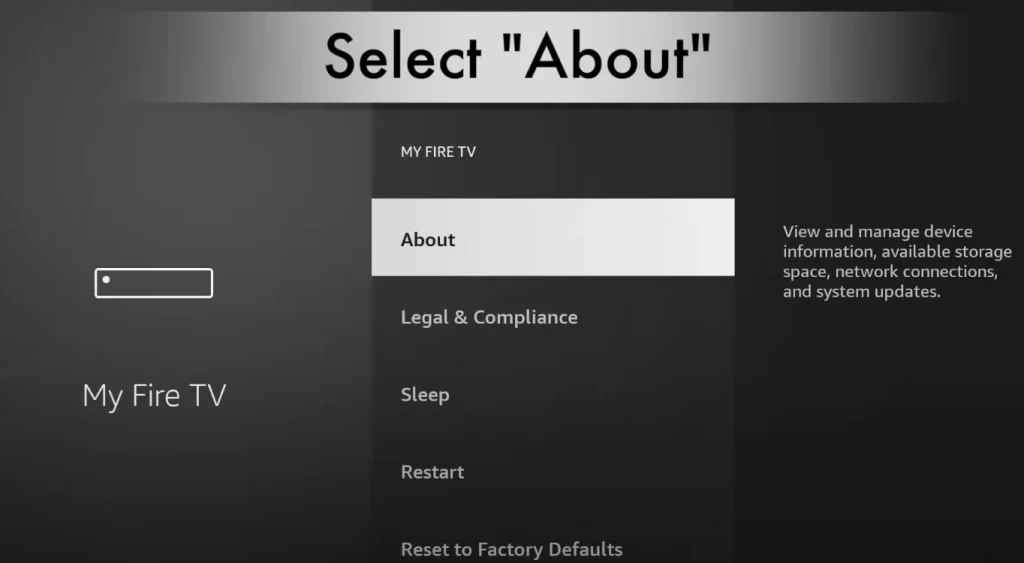 Menu À propos Fire TV Stick – mise à jour système avant installation IPTV