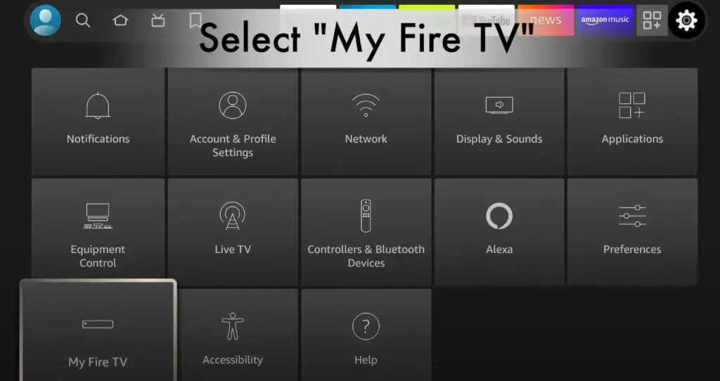 Menu Paramètres Fire TV Stick pour configurer IPTV Smarters Pro